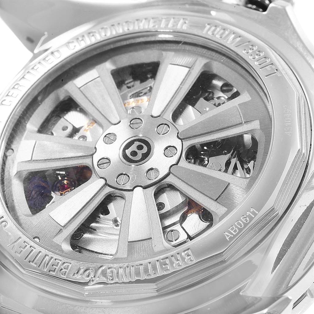 The image shows the back view of a Breitling Bentley AB061112-G802-754P Men's Stainless Steel Silver Dial AB061112-G802-754P Men's Stainless Steel Silver Dial watch, highlighting the rotor and inner mechanisms.