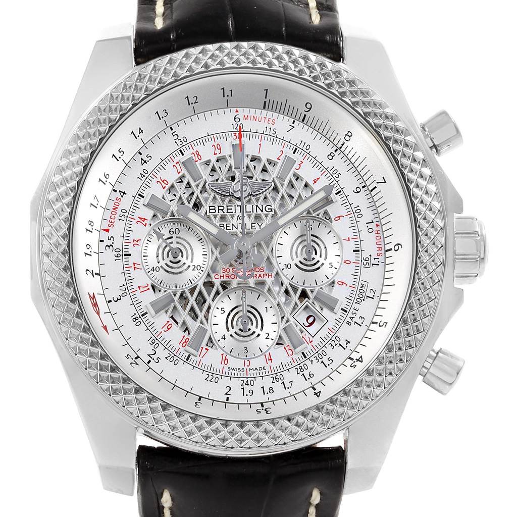 The image shows a frontal view of a Breitling Bentley AB061112-G802-754P Men's Stainless Steel Silver Dial AB061112-G802-754P Men's Stainless Steel Silver Dial watch, displaying its intricate dial, bezel, and part of its strap.