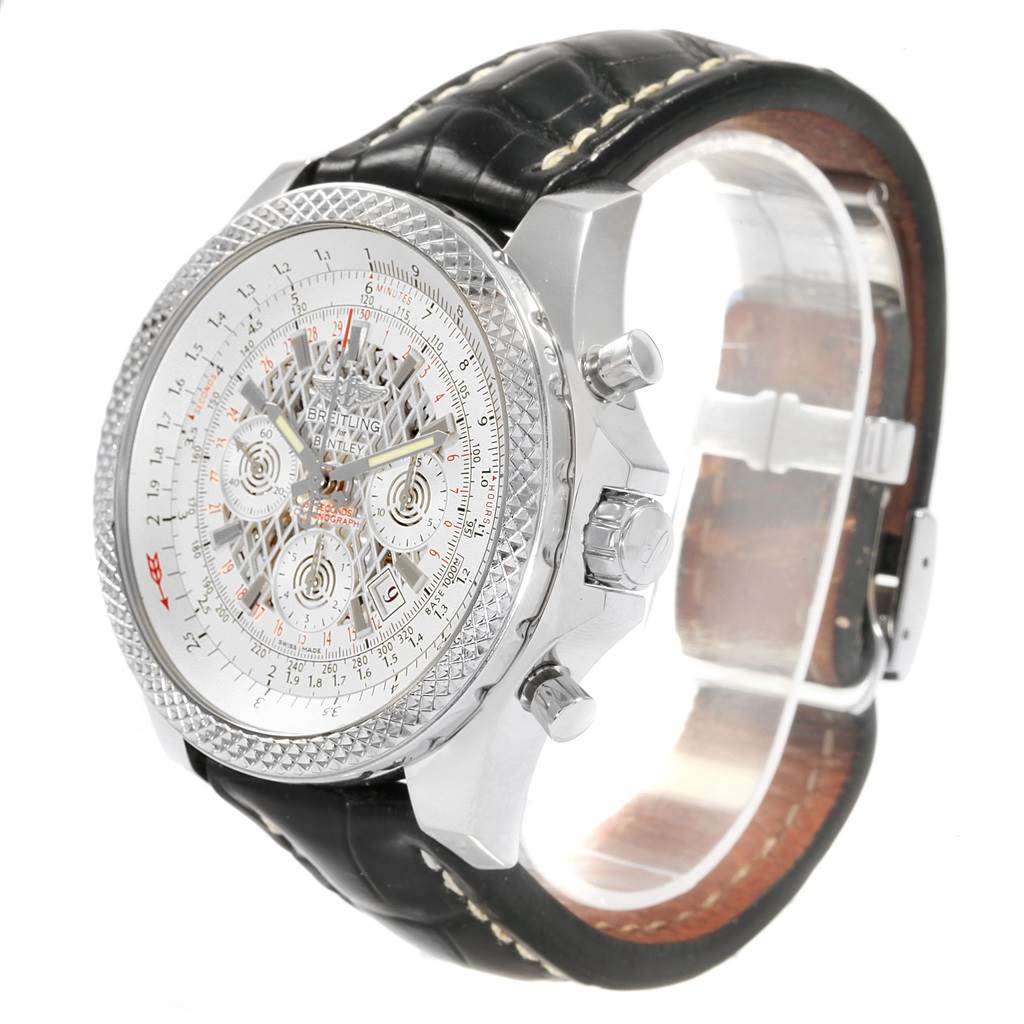 This image shows a Breitling Bentley AB061112-G802-754P Men's Stainless Steel Silver Dial AB061112-G802-754P Men's Stainless Steel Silver Dial watch at a side angle, featuring its face, bezel, crown, pushers, and leather strap.