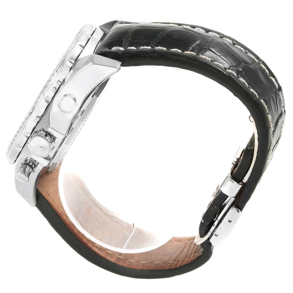 The image shows a side view of a Breitling Bentley AB061112-G802-754P Men's Stainless Steel Silver Dial AB061112-G802-754P Men's Stainless Steel Silver Dial watch focusing on details of the case, leather strap, and buckle.