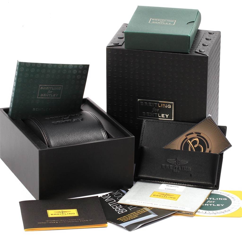 The image shows a Breitling Bentley AB061112-G802-754P Men's Stainless Steel Silver Dial AB061112-G802-754P Men's Stainless Steel Silver Dial watch package, including a watch box, manuals, and branded cardholders, viewed from the front.