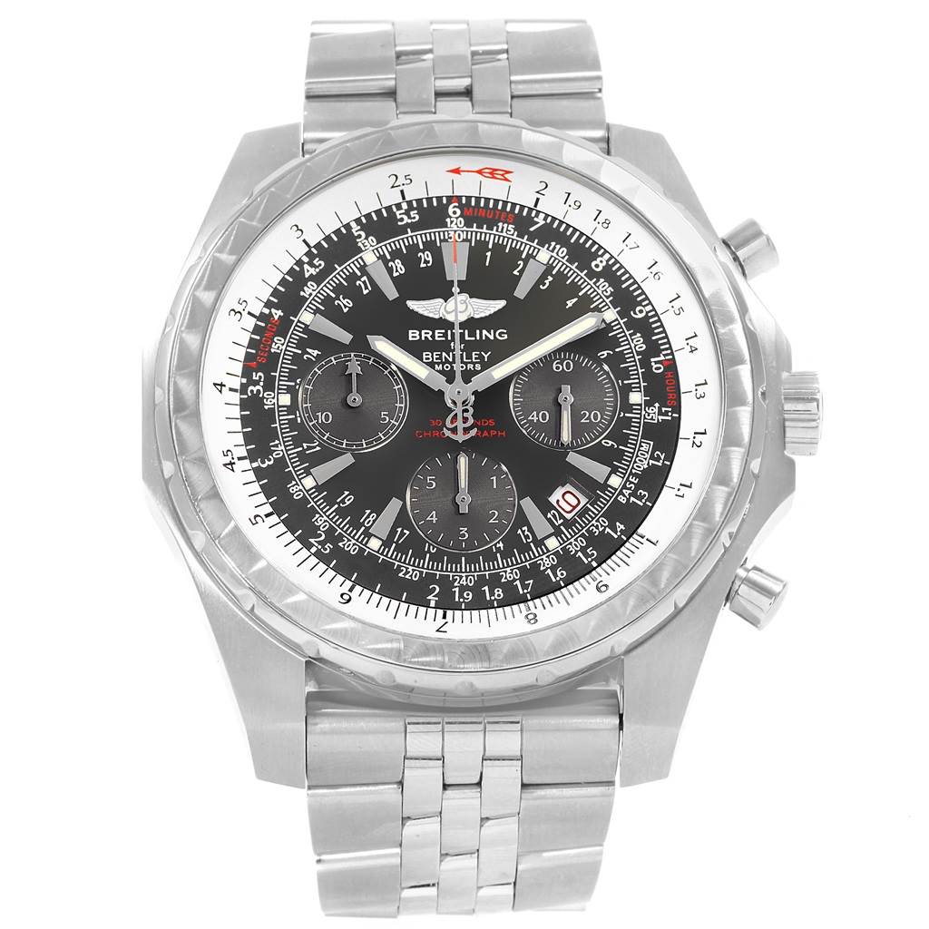 The image shows a front view of a Breitling Bentley A25363 Men's Stainless Steel Grey Dial A25363 Men's Stainless Steel Grey Dial watch, displaying the face, bezel, and part of the stainless steel strap.