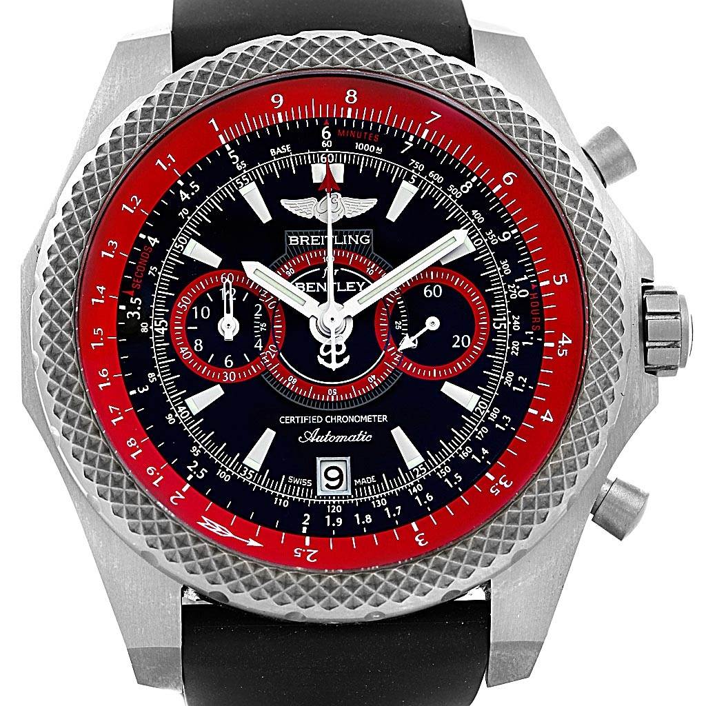 The image shows a front view of a Breitling Bentley E27365 Men's Titanium Black Dial E27365 Men's Titanium Black Dial watch, displaying its face, hands, and subdials.