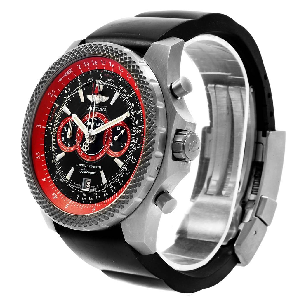 The image shows a side-angle view of a Breitling Bentley E27365 Men's Titanium Black Dial E27365 Men's Titanium Black Dial watch, highlighting its face, bezel, crown, pushers, and strap.