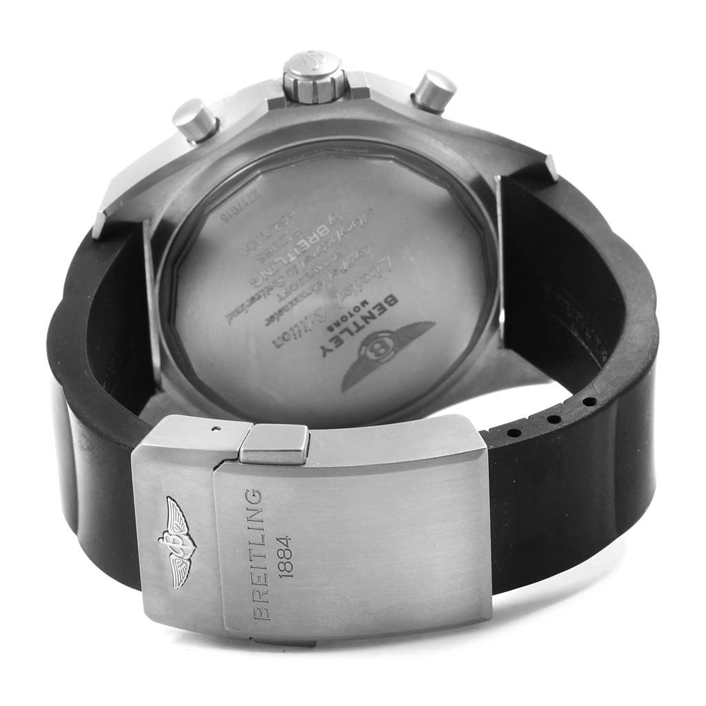 The image shows the back case and clasp of a Breitling Bentley E27365 Men's Titanium Black Dial E27365 Men's Titanium Black Dial watch, emphasizing the branding and model details.