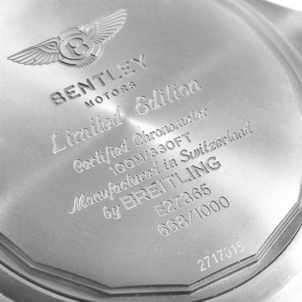 The image shows the engraved case back of a Breitling Bentley E27365 Men's Titanium Black Dial E27365 Men's Titanium Black Dial model watch from a straight-on angle.