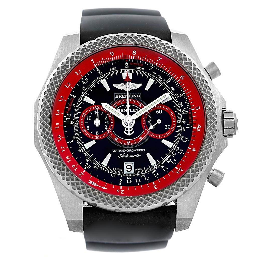 The Breitling Bentley E27365 Men's Titanium Black Dial E27365 Men's Titanium Black Dial watch shown is viewed from the front, displaying the face, bezel, and strap.