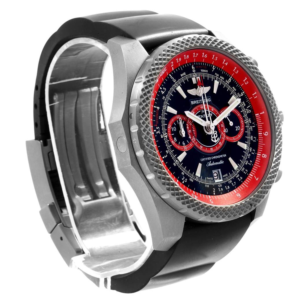 The image shows a Breitling Bentley E27365 Men's Titanium Black Dial E27365 Men's Titanium Black Dial model watch at an oblique angle highlighting its dial, bezel, and partially open strap.