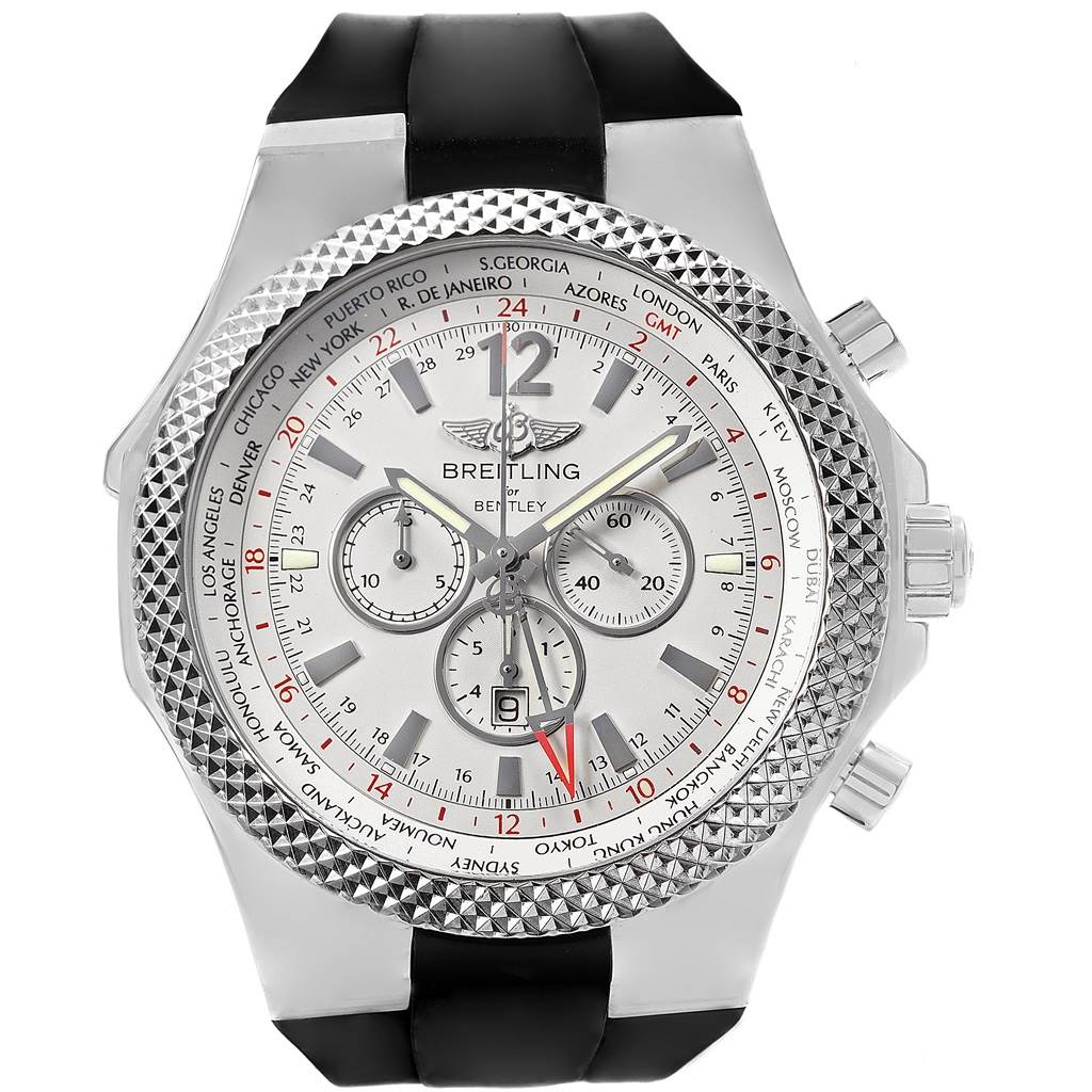 The image shows a front view of the Breitling Bentley A47362 Men's Stainless Steel Silver Dial A47362 Men's Stainless Steel Silver Dial watch, showcasing its dial, bezel, and crown.