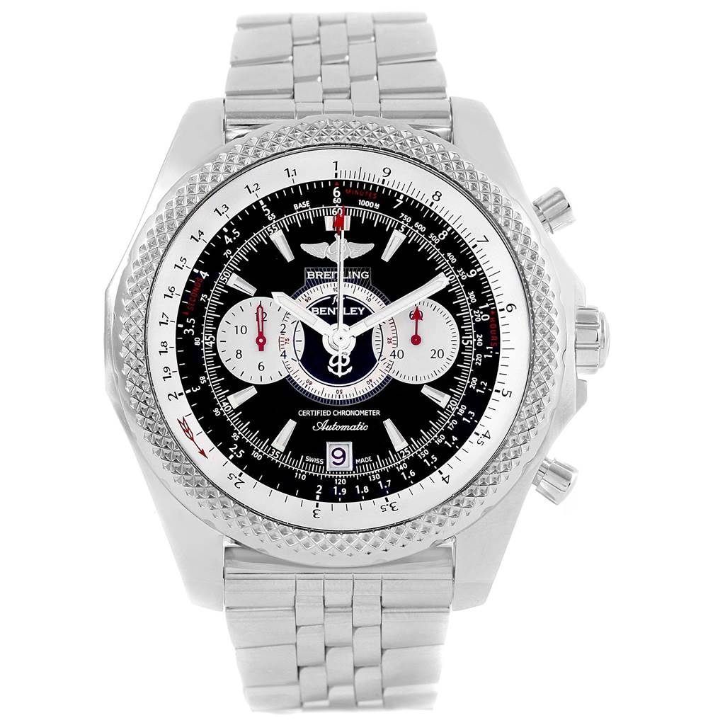 This image shows a front view of the Breitling Bentley A26364 Men's Stainless Steel Black Dial A26364 Men's Stainless Steel Black Dial model watch, highlighting its face, bezel, and stainless steel strap.