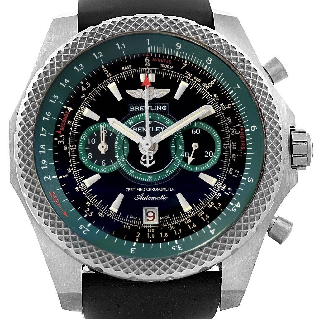The Breitling Bentley E27365 Men's Titanium Black Dial E27365 Men's Titanium Black Dial model is shown from a front angle, displaying the dial, bezel, hands, subdials, pushers, and crown.