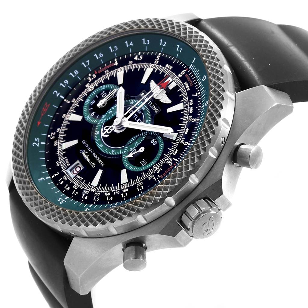 The image showcases the dial, bezel, crown, and pushers of a Breitling Bentley E27365 Men's Titanium Black Dial E27365 Men's Titanium Black Dial watch at an angle.