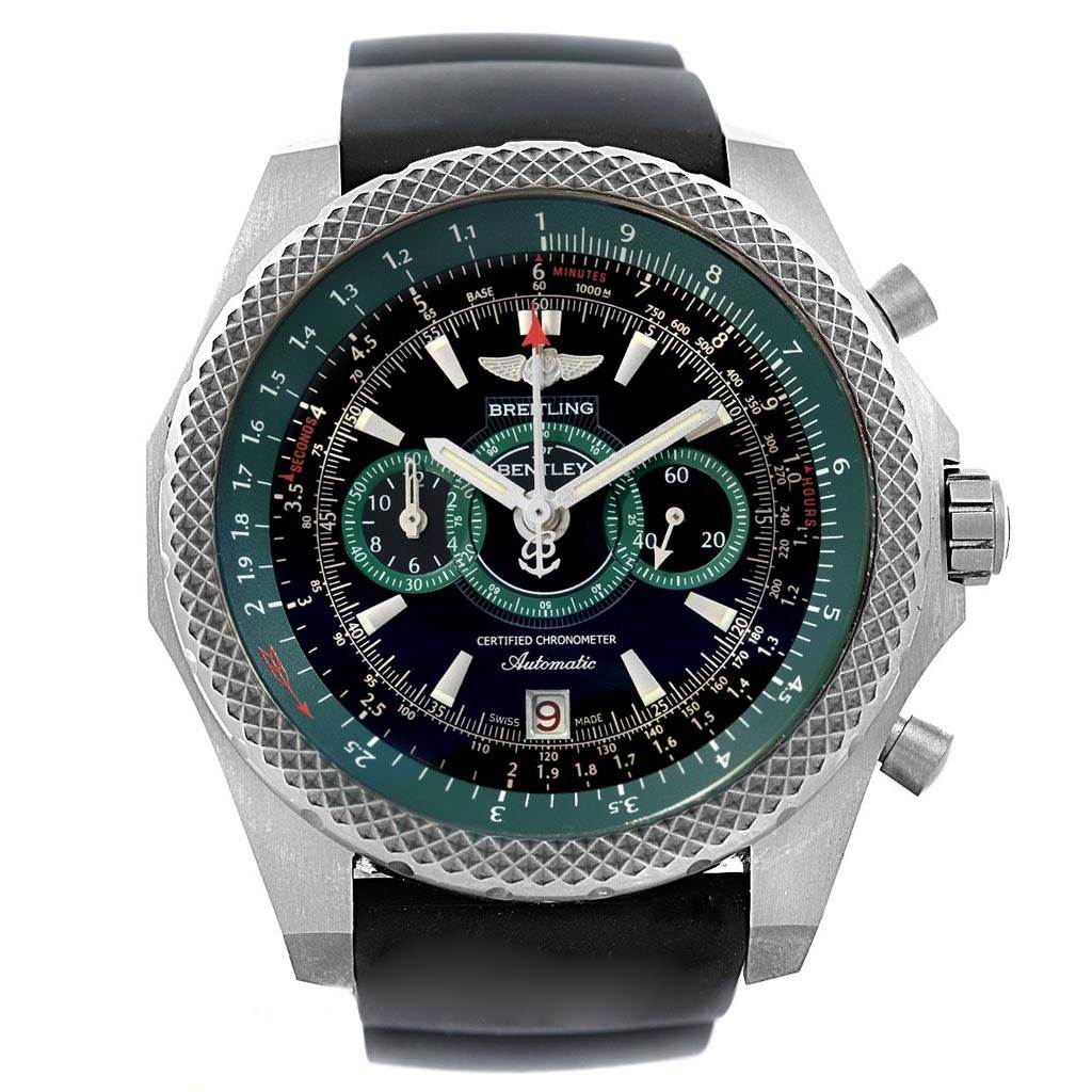 The image shows a front view of the Bentley model by Breitling, highlighting the dial, bezel, buttons, and strap.