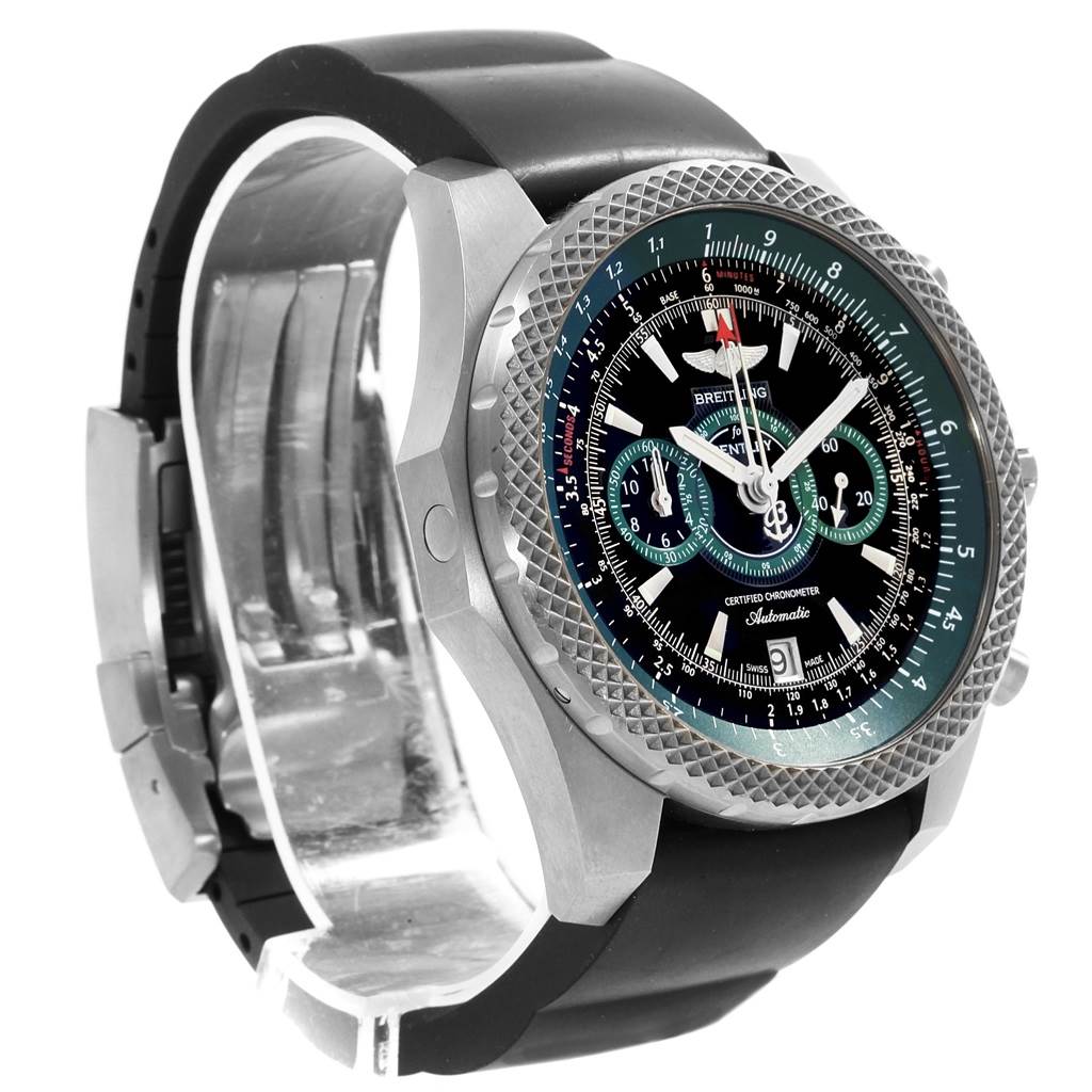 The image shows a Bentley model by Breitling from a front-left angle, highlighting the bezel, dial, and partially the strap.