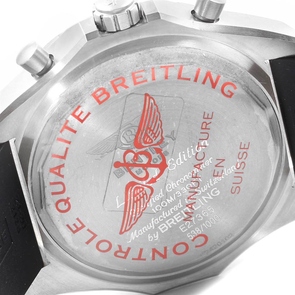 The image shows a close-up of the case back and part of the crown of a Bentley model watch by Breitling.