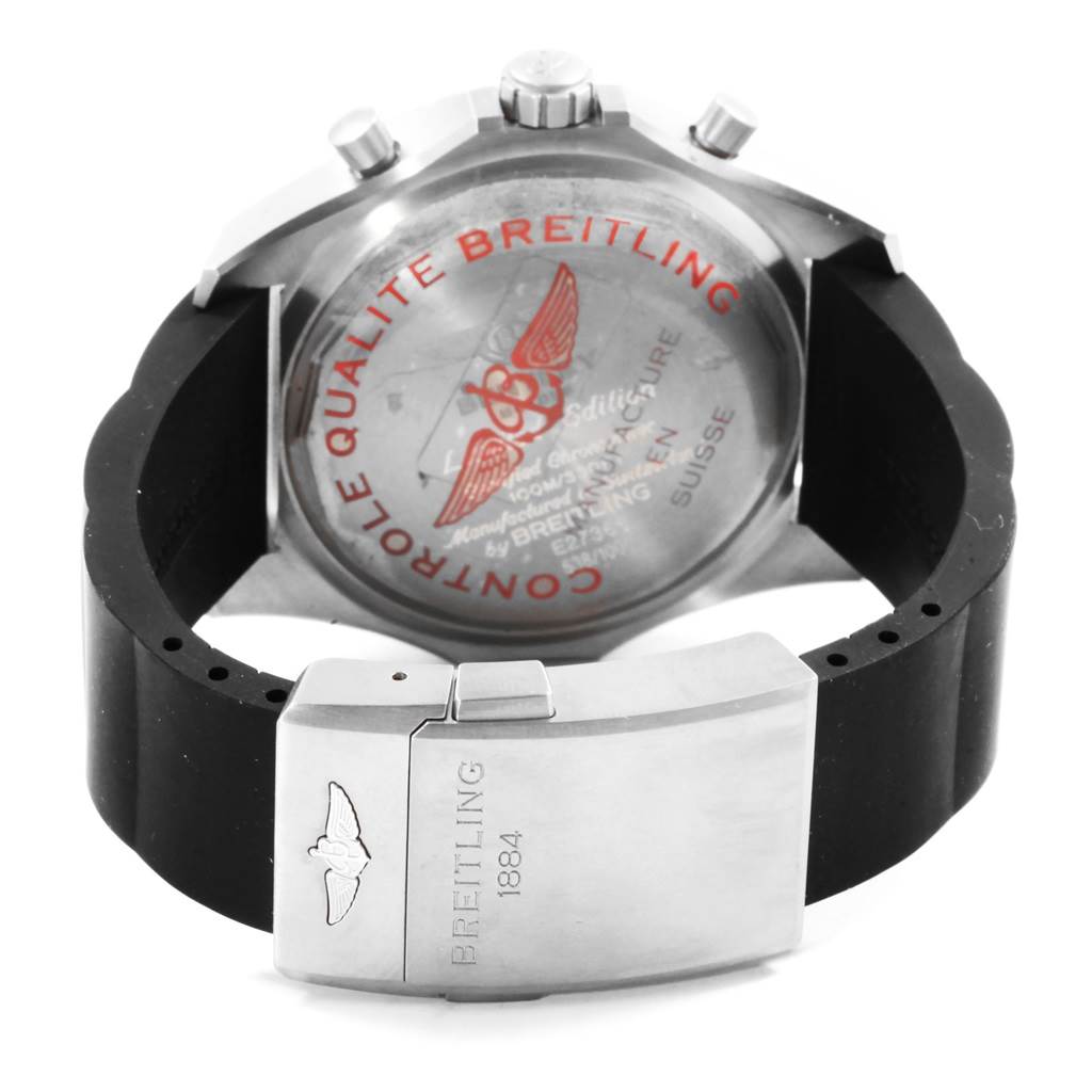 The image shows the back case and clasp of a Breitling Bentley E27365 Men's Titanium Black Dial E27365 Men's Titanium Black Dial watch, with visible engravings and a black strap.