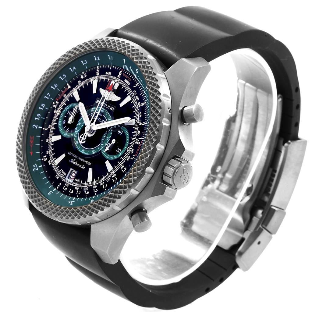 This image shows a Breitling Bentley E27365 Men's Titanium Black Dial E27365 Men's Titanium Black Dial model watch from a side-angle, highlighting its face, bezel, case, and strap.