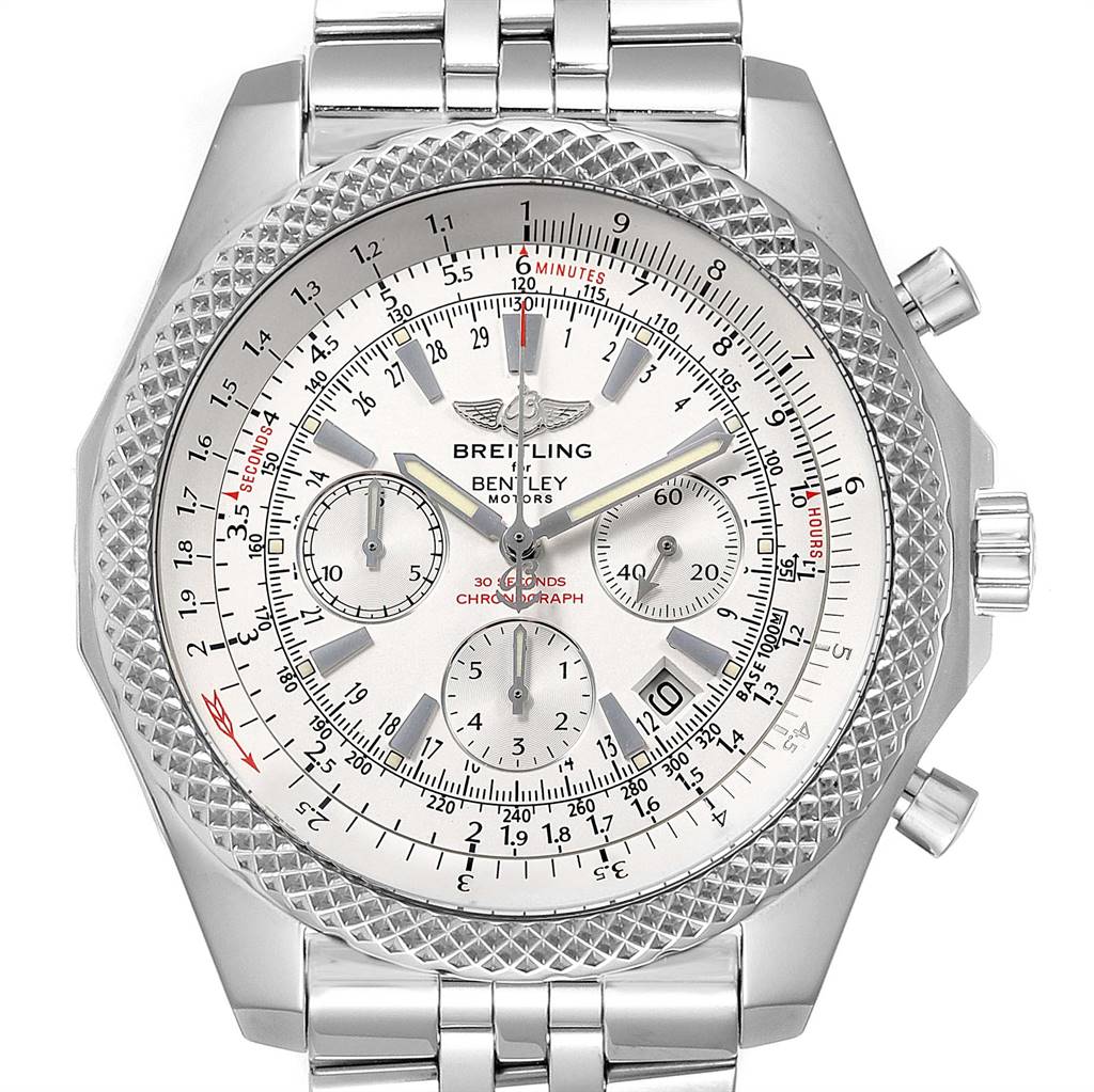 The image shows a frontal view of a Breitling Bentley A25364 Men's Stainless Steel Silver Dial A25364 Men's Stainless Steel Silver Dial watch, displaying its face, bezel, and part of its metallic strap.