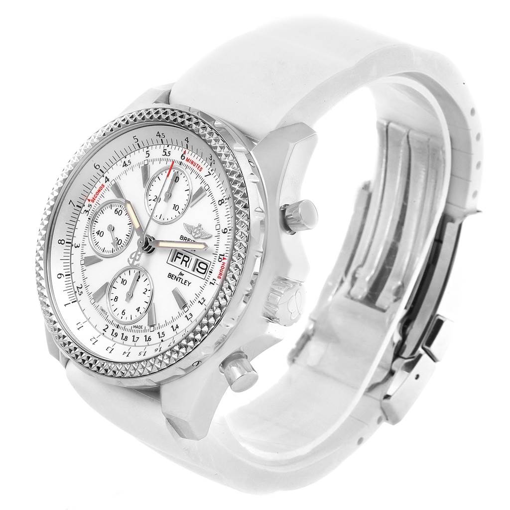 The image shows a Breitling Bentley A13362 Men's Stainless Steel White Dial A13362 Men's Stainless Steel White Dial watch from a front-side angle, displaying the face, bezel, buttons, and part of the strap and clasp.