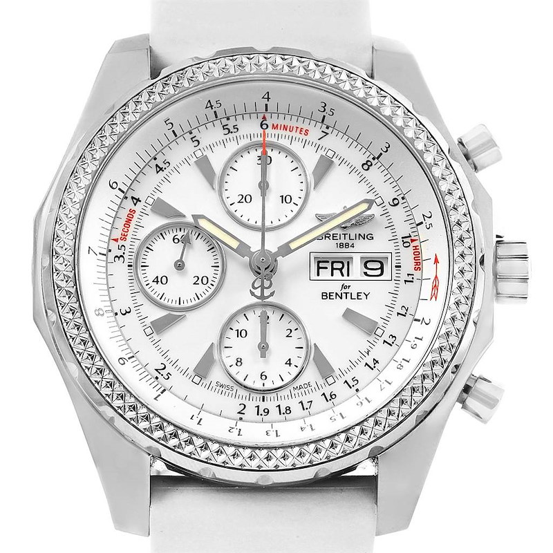 Breitling Bentley Motors GT White Dial Rubber Strap Mens Watch A13362 SwissWatchExpo
