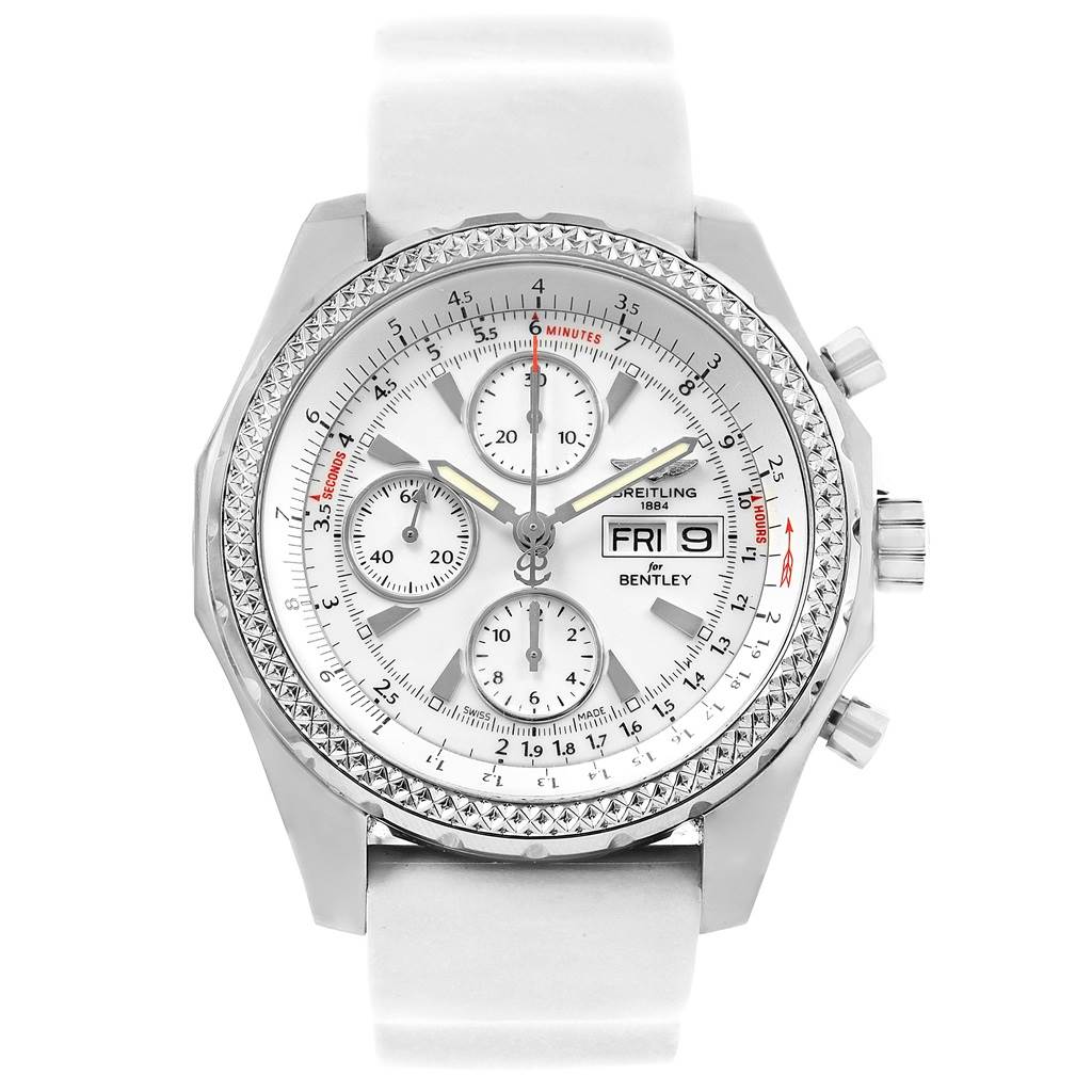 This Breitling Bentley A13362 Men's Stainless Steel White Dial A13362 Men's Stainless Steel White Dial watch is shown from the front, displaying its dial, bezel, crown, pushers, and white strap.