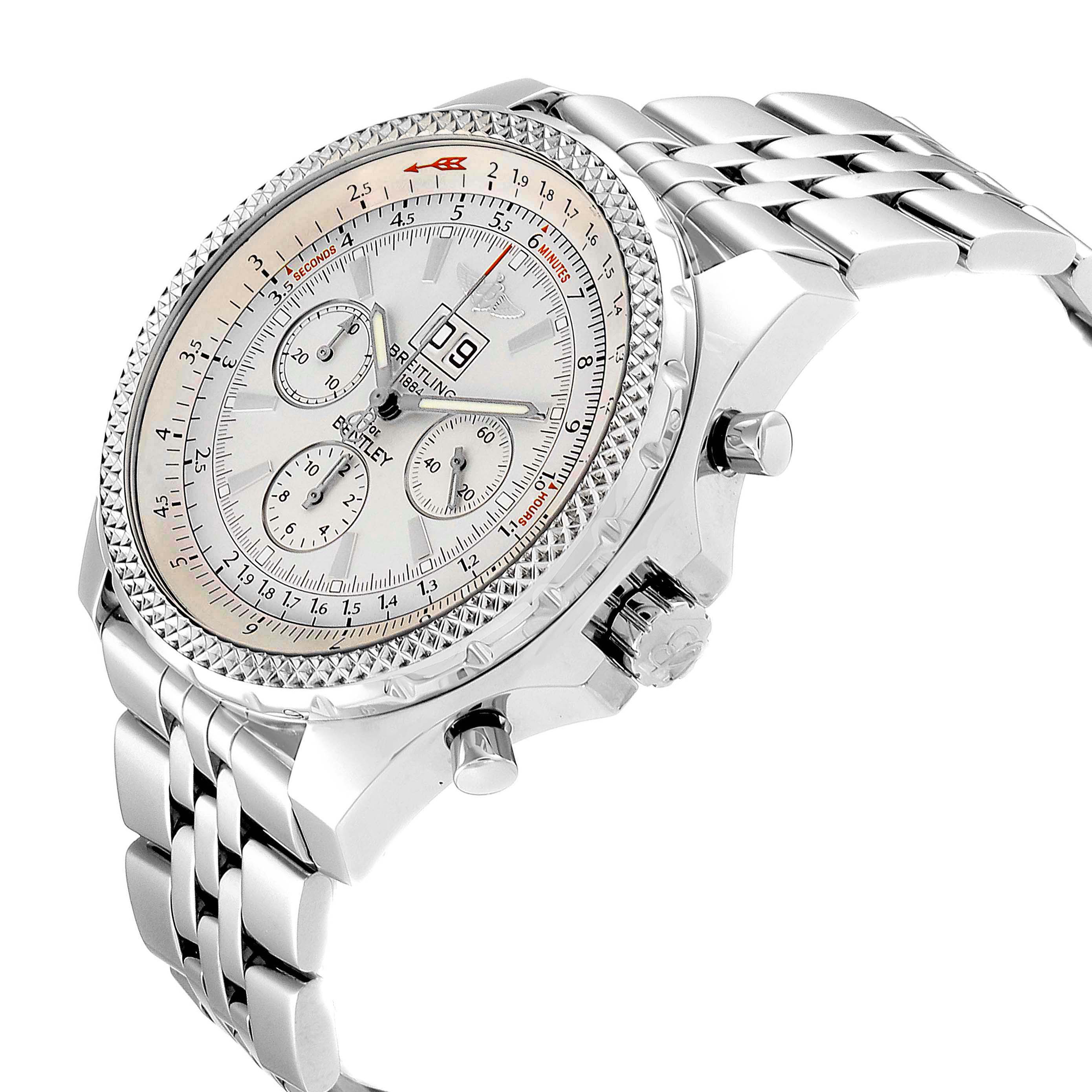 The image shows a side-angle view of the Breitling Bentley A44362 Men's Stainless Steel Silver Dial A44362 Men's Stainless Steel Silver Dial watch, highlighting the dial, bezel, crown, and stainless steel bracelet.