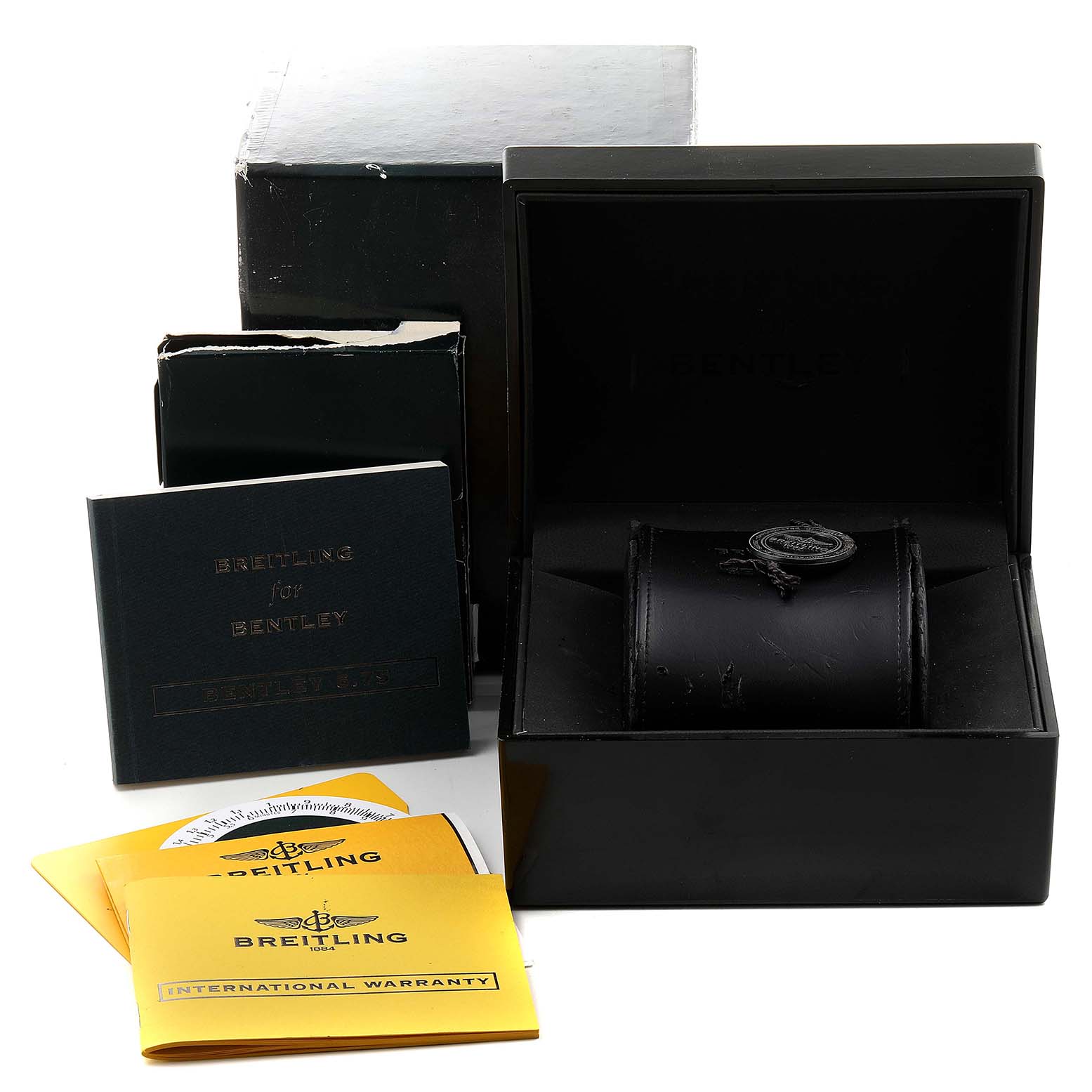 The image shows the Breitling Bentley A44362 Men's Stainless Steel Silver Dial A44362 Men's Stainless Steel Silver Dial watch packaging, including the outer box, inner case, manuals, and warranty booklets.
