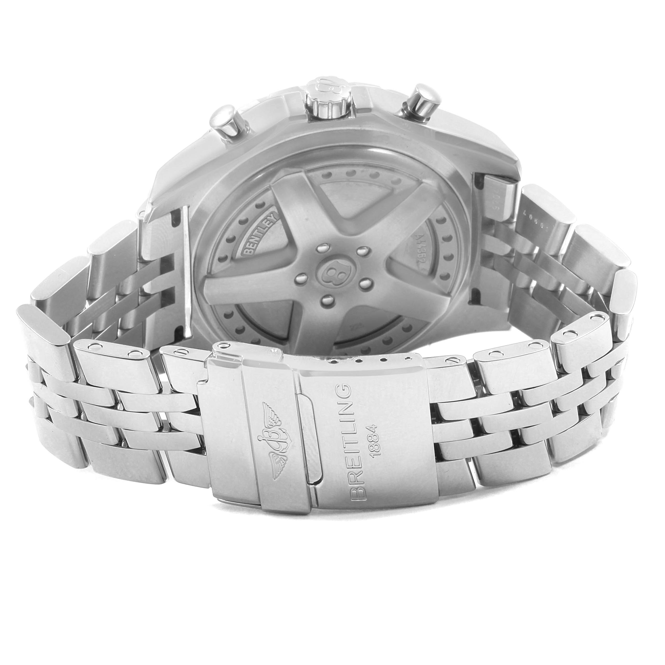 The image shows the rear view of the Breitling Bentley A44362 Men's Stainless Steel Silver Dial A44362 Men's Stainless Steel Silver Dial watch, highlighting the case back and stainless steel bracelet.
