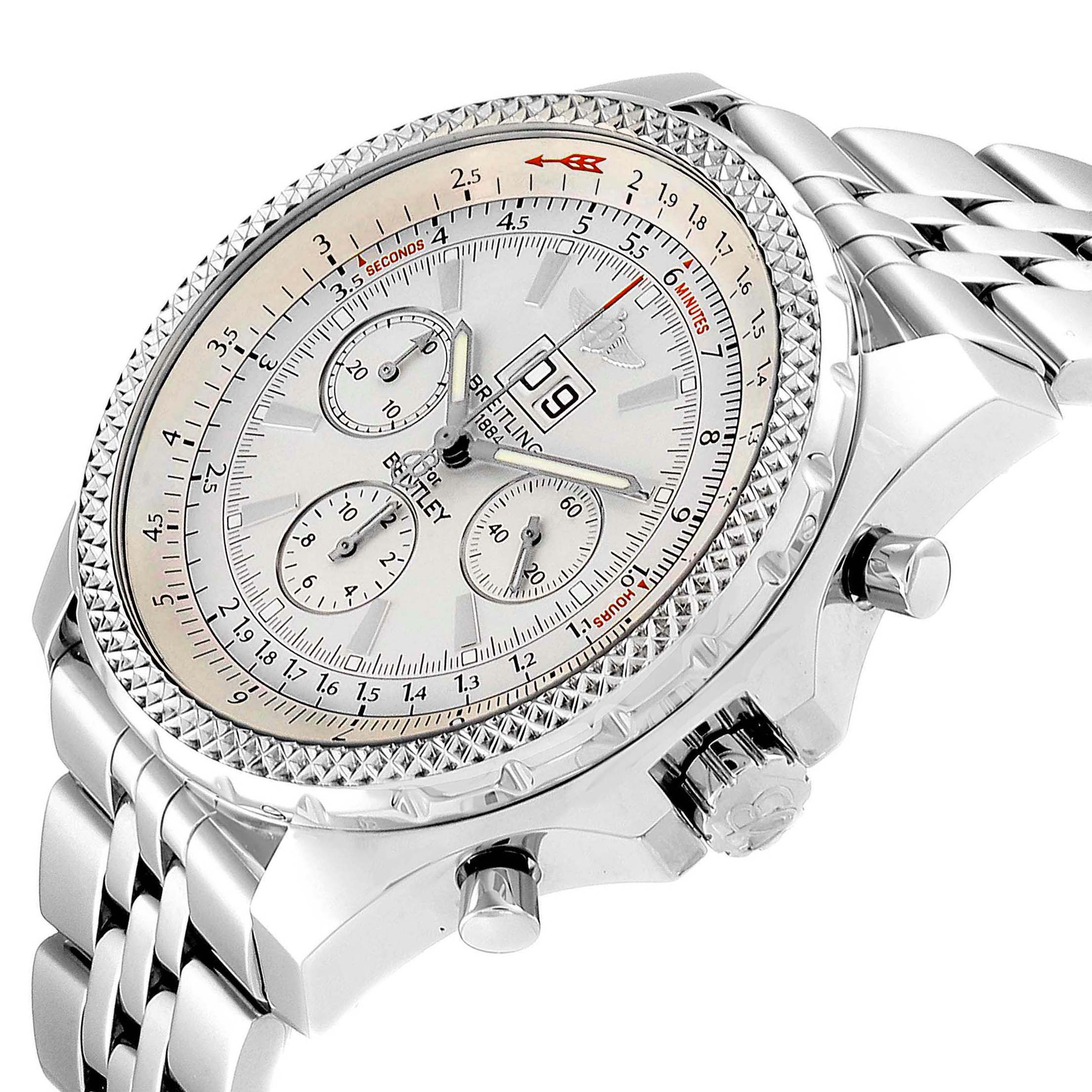 The Breitling Bentley A44362 Men's Stainless Steel Silver Dial A44362 Men's Stainless Steel Silver Dial watch is shown at a slight angle, displaying its face, bezel, chronograph dials, and metal bracelet.