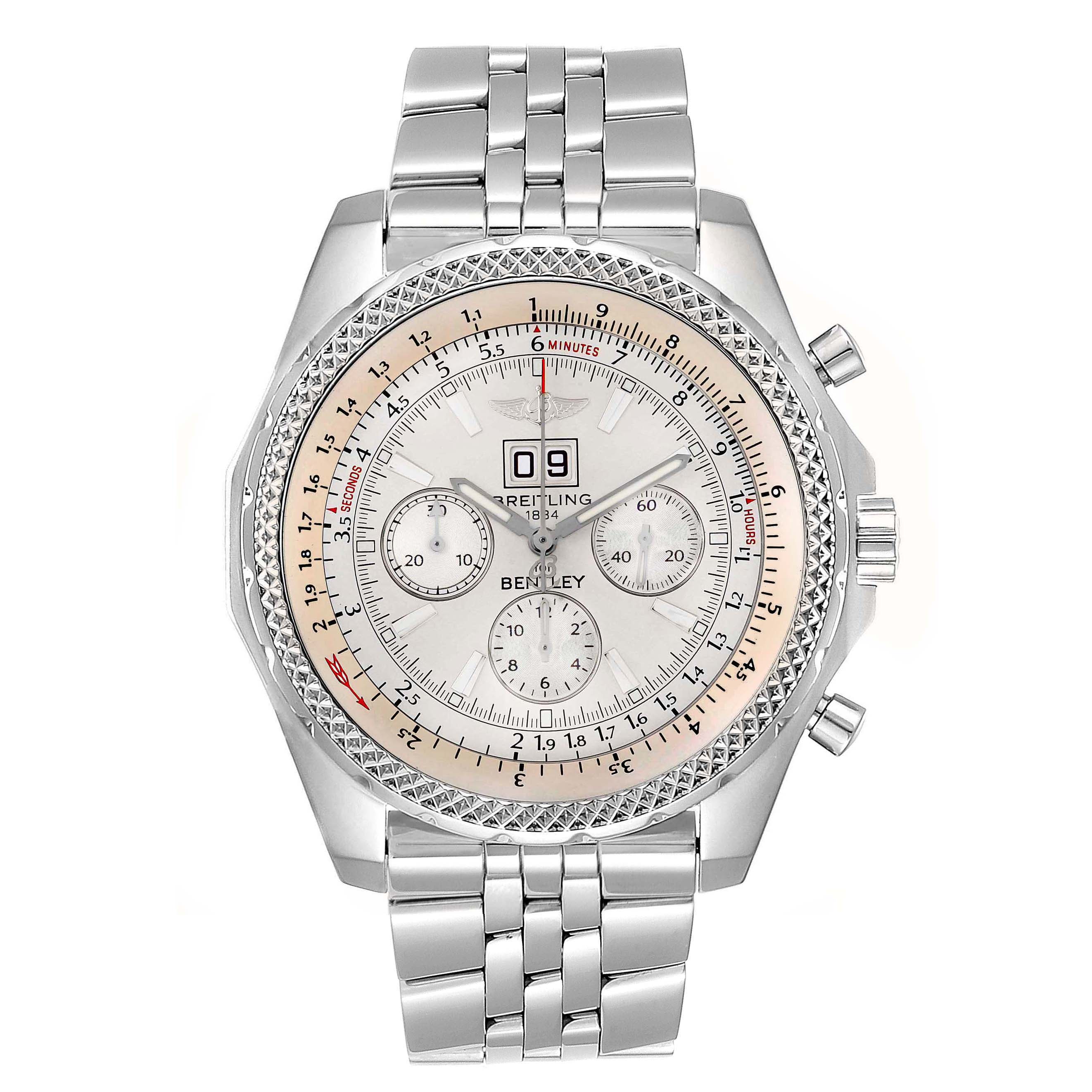 The Breitling Bentley A44362 Men's Stainless Steel Silver Dial A44362 Men's Stainless Steel Silver Dial watch is shown from a top-down angle, highlighting its face, bezel, and metal bracelet.