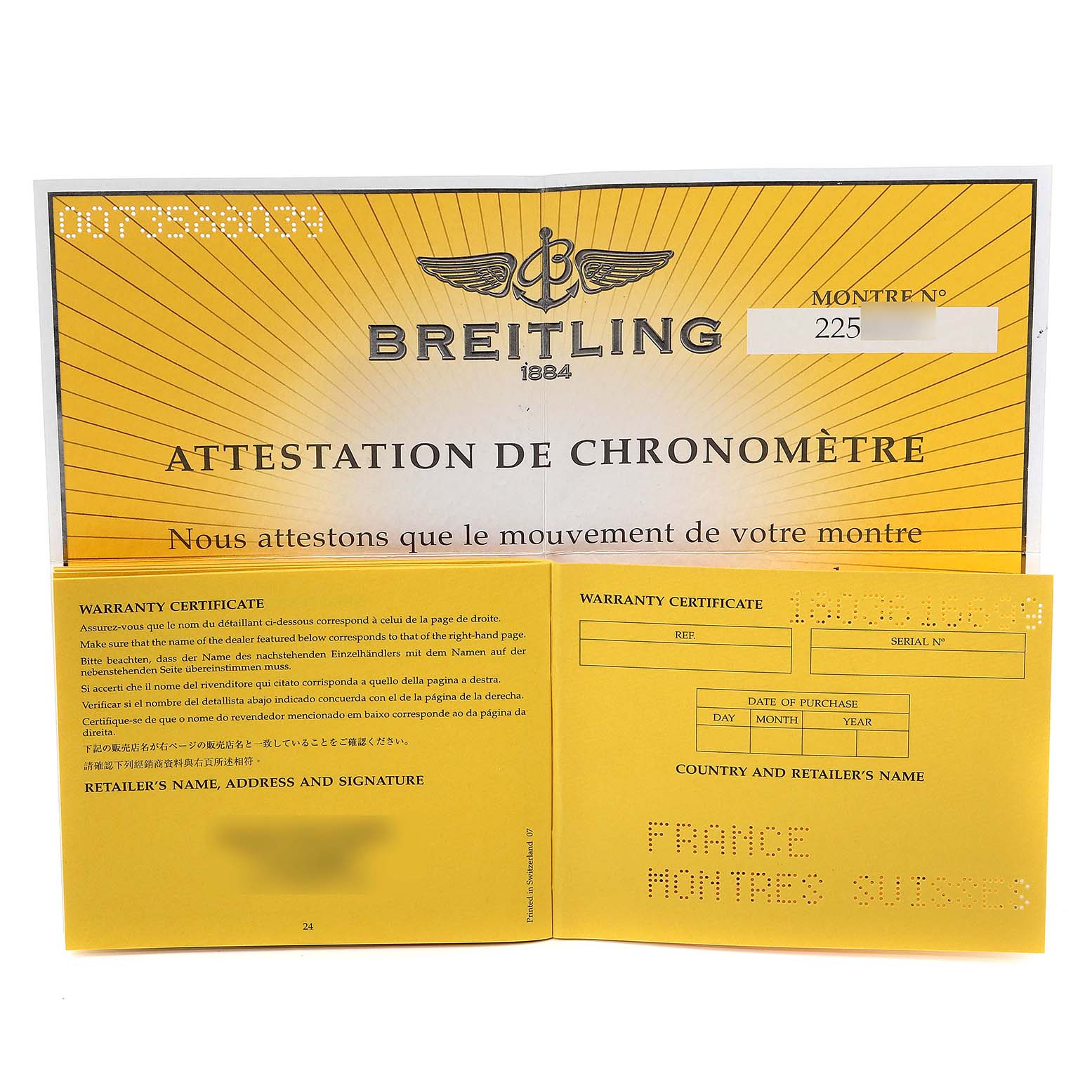 The image shows the warranty certificate and chronometer certification for a Bentley model by Breitling.