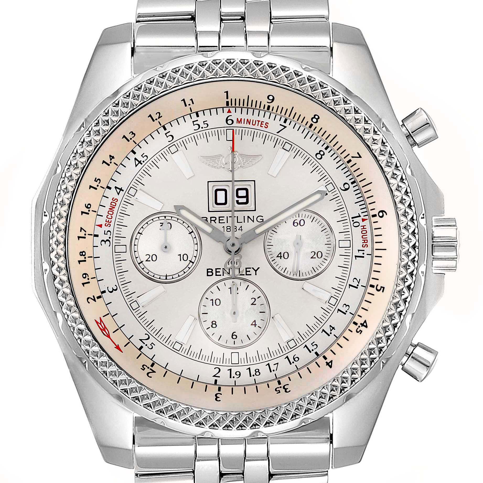 The image shows the front view of the Breitling Bentley A44362 Men's Stainless Steel Silver Dial A44362 Men's Stainless Steel Silver Dial model watch, displaying its dial, bezel, and chronograph subdials.