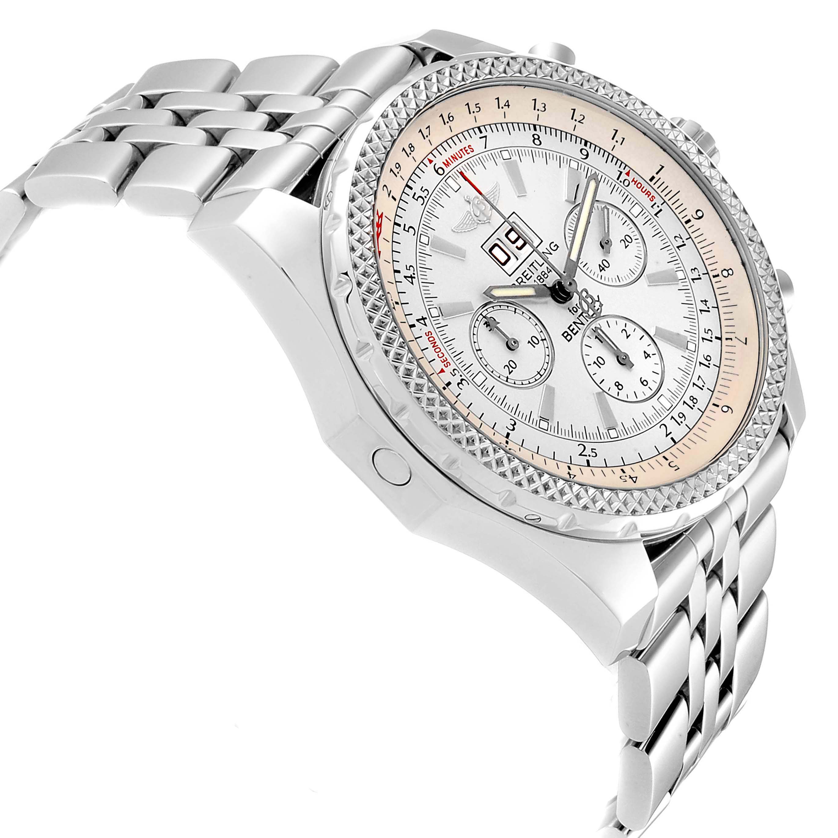 This image shows a side-angle view of the Breitling Bentley A44362 Men's Stainless Steel Silver Dial A44362 Men's Stainless Steel Silver Dial watch, highlighting its face, bezel, and metal bracelet.