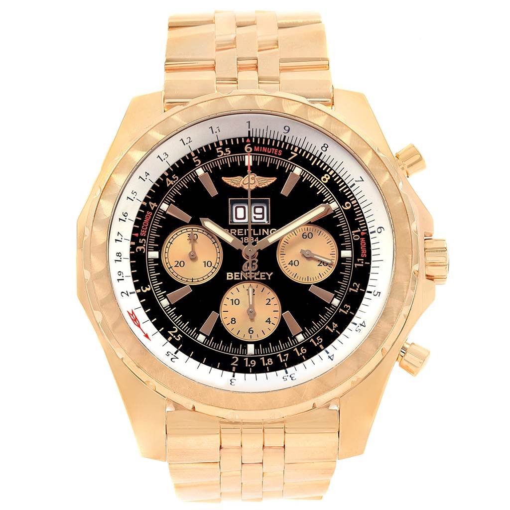 The Breitling Bentley 19733 Men's Rose Gold Black Dial 19733 Men's Rose Gold Black Dial watch is shown from the front, displaying the dial, subdials, bezel, and bracelet.