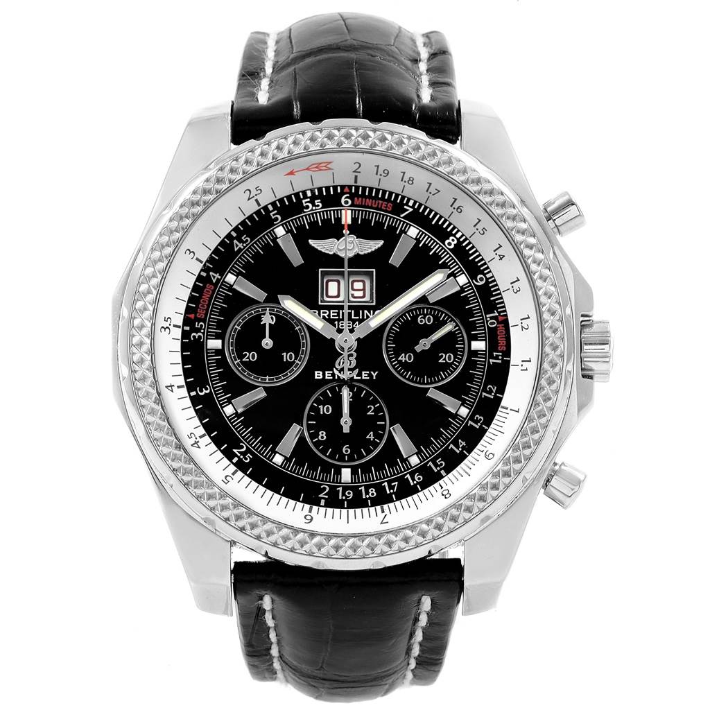 The image shows a front view of the Breitling Bentley A44362 Men's Stainless Steel Black Dial A44362 Men's Stainless Steel Black Dial watch, detailing its black dial, silver case, chronograph subdials, and black leather strap.