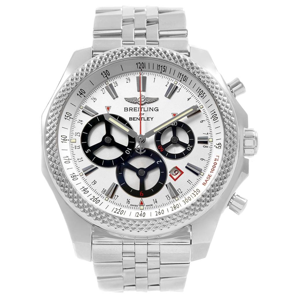 The image shows a front view of the Breitling Bentley A2536621/G732 Men's Stainless Steel Silver Dial A2536621/G732 Men's Stainless Steel Silver Dial watch, showcasing its face, bezel, and part of the bracelet.