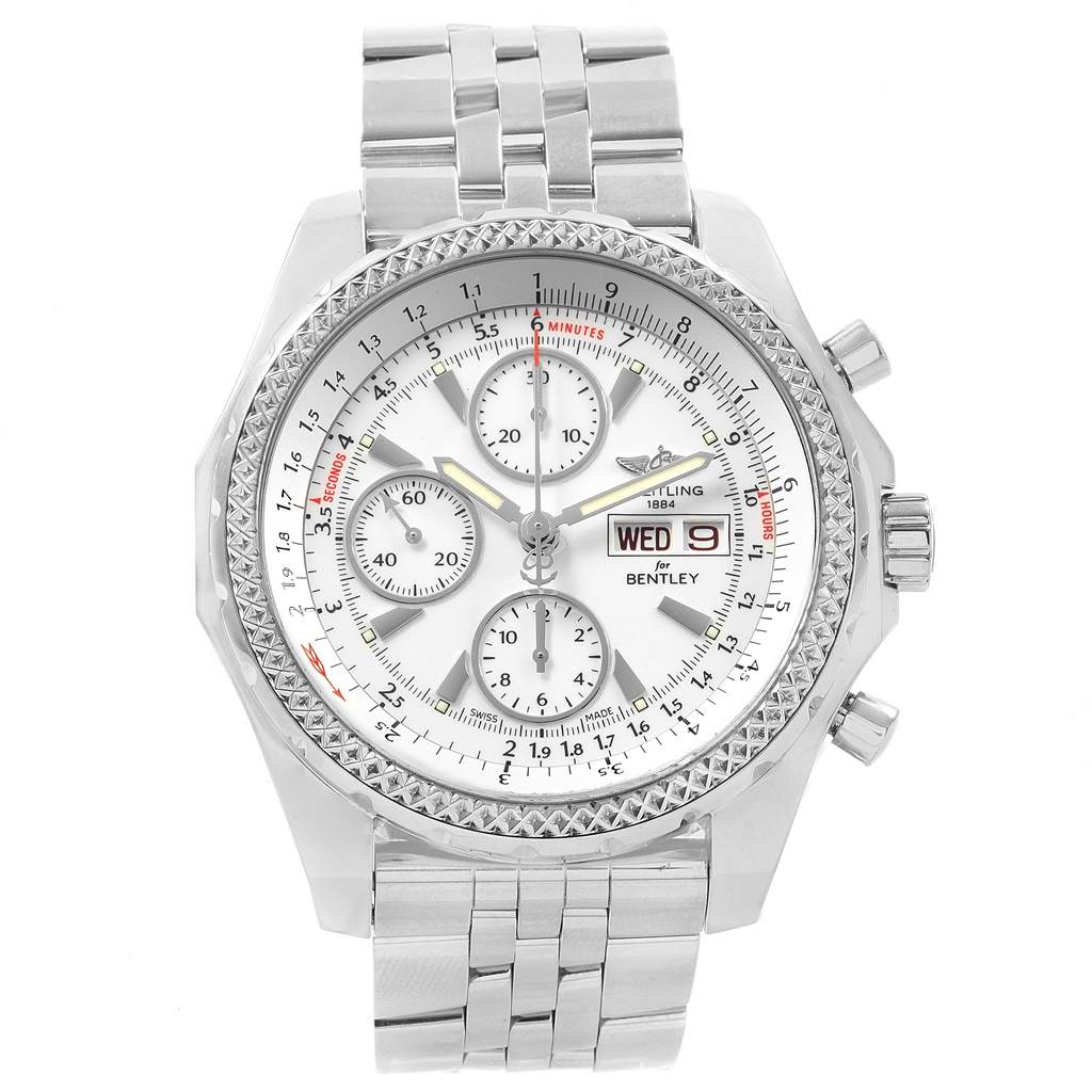 The image shows a front view of the Breitling Bentley A13362 Men's Stainless Steel White Dial A13362 Men's Stainless Steel White Dial watch, featuring a silver dial with multiple sub-dials, a day-date display, and a metal bracelet.