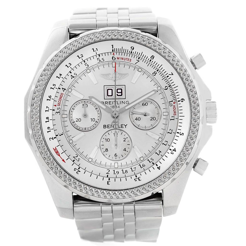 This Breitling Bentley A44362 Men's Stainless Steel Silver Dial A44362 Men's Stainless Steel Silver Dial model watch is shown from a top-down angle, highlighting its dial, bezel, and bracelet.