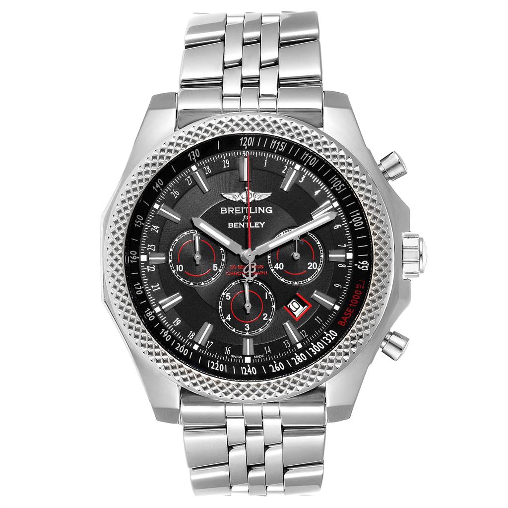 The image shows a frontal view of a Breitling Bentley A25368 Men's Stainless Steel Black Dial A25368 Men's Stainless Steel Black Dial watch featuring a metal bracelet and black dial with multiple sub-dials.