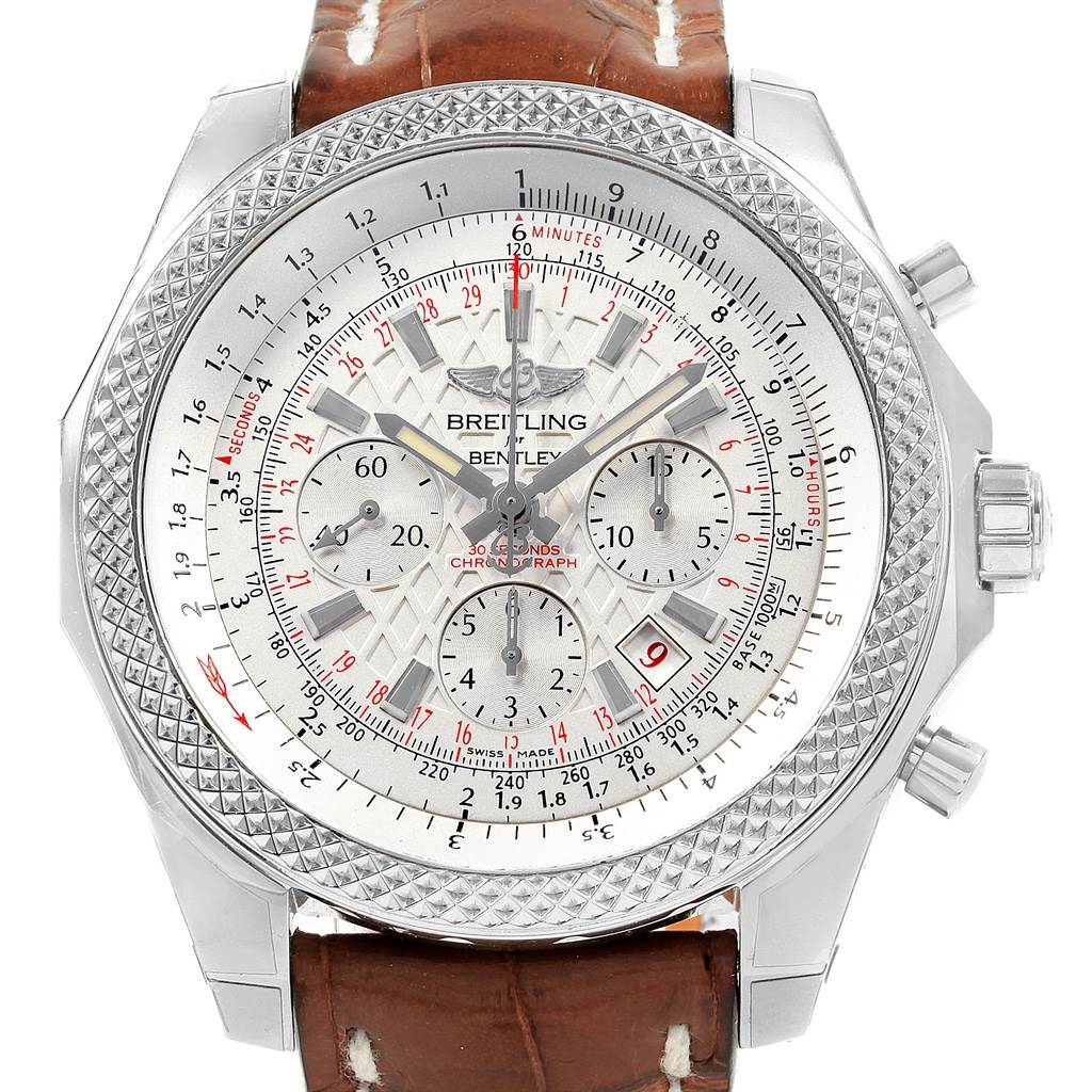 This image shows a front view of a Breitling Bentley AB061112-G802-754P Men's Stainless Steel Silver Dial AB061112-G802-754P Men's Stainless Steel Silver Dial model watch displaying the dial, subdials, bezel, and part of the leather strap.