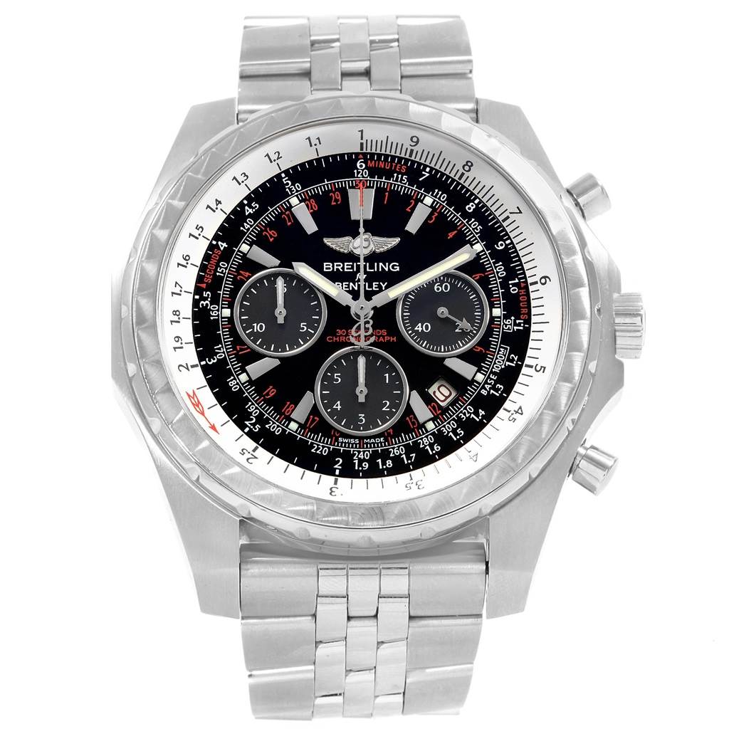 This image shows a front view of the Breitling Bentley A25363 Men's Stainless Steel Black Dial A25363 Men's Stainless Steel Black Dial watch, highlighting the dial, bezel, chronograph subdials, and stainless steel bracelet.