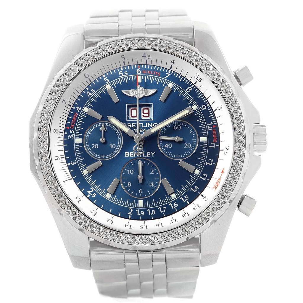 The Breitling Bentley A44362 Men
s Stainless Steel Blue Dial A44362 Men
s Stainless Steel Blue Dial watch is shown from the front, displaying its blue dial, chronograph subdials, and apertures on a metal bracelet.
