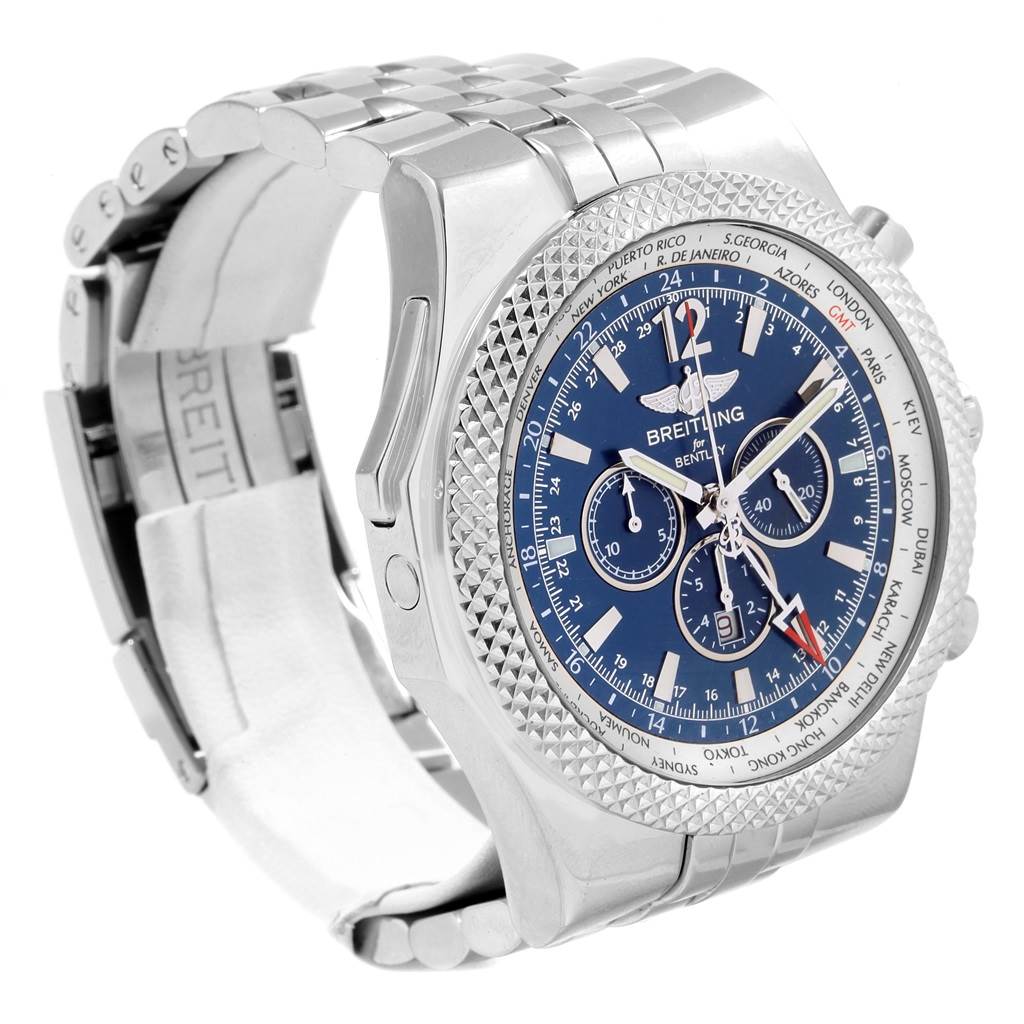 The image shows a Breitling Bentley A47362 Men's Stainless Steel Blue Dial A47362 Men's Stainless Steel Blue Dial watch at a side angle, highlighting its blue dial, chronographs, and metal bracelet.