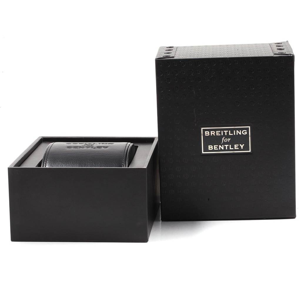 This image shows the packaging for a Breitling Bentley A47362 Men's Stainless Steel Blue Dial A47362 Men's Stainless Steel Blue Dial watch, including an open box with a black leather case inside and an outer box to the right.