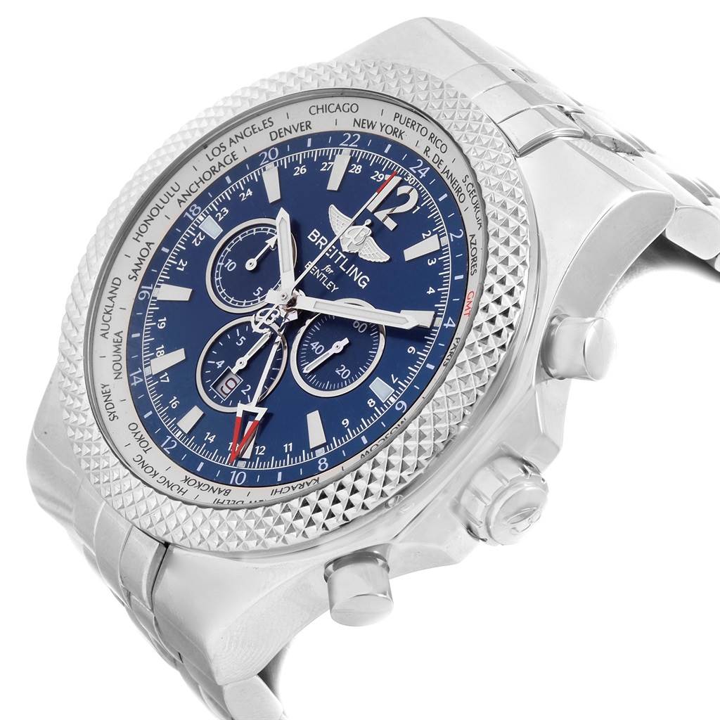 The Breitling Bentley A47362 Men's Stainless Steel Blue Dial A47362 Men's Stainless Steel Blue Dial watch is shown at an angle showcasing the face, side buttons, and part of the strap.
