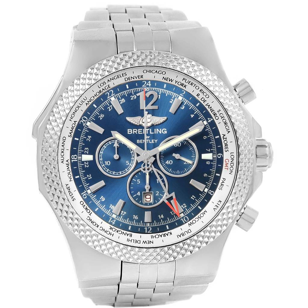 This image shows a frontal view of the Breitling Bentley A47362 Men's Stainless Steel Blue Dial A47362 Men's Stainless Steel Blue Dial watch, highlighting the blue dial, bezel, and metal bracelet.
