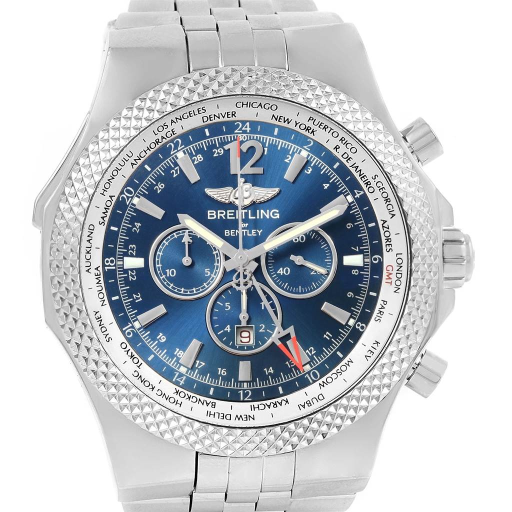 The image shows a frontal view of a Bentley model watch by Breitling, displaying a blue dial with multiple chronograph subdials.