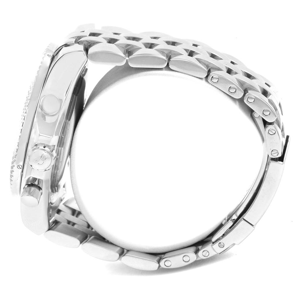 The image shows a side view of the Breitling Bentley A47362 Men's Stainless Steel Blue Dial A47362 Men's Stainless Steel Blue Dial watch, highlighting the bracelet, case, bezel, crown, and pushers.