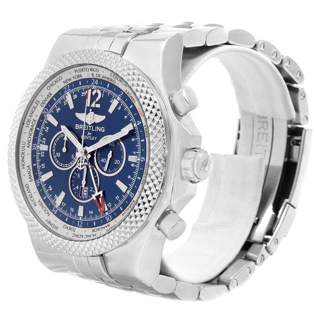 The Breitling Bentley A47362 Men's Stainless Steel Blue Dial A47362 Men's Stainless Steel Blue Dial model watch is shown from a front angle, highlighting the face, dials, bezel, case, and part of the bracelet.