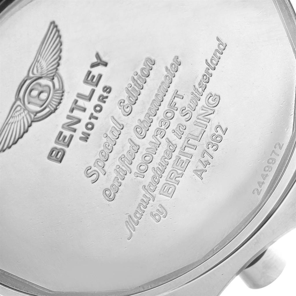 The image shows the back casing of a Breitling Bentley A47362 Men's Stainless Steel Blue Dial A47362 Men's Stainless Steel Blue Dial watch with engraved details.